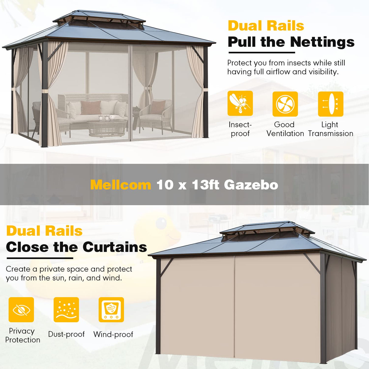 MELLCOM 10'x13' Hardtop Gazebo with Polycarbonate Double Roof, Aluminum Frame Outdoor Gazebo Permanent Pavilion with Curtains and Netting for Patio, Lawn & Garden MELLCOM