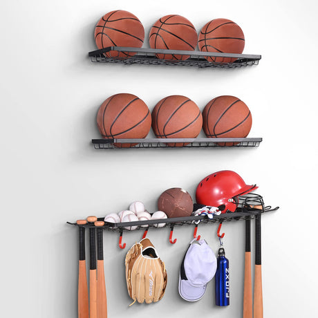 Mythinglogic Sports Equipment Storage Rack,Wall Mount Ball Storage Racks for garage, 3 Separate Ball Storage Organizer for Basketball, with Hooks Mythinglogic