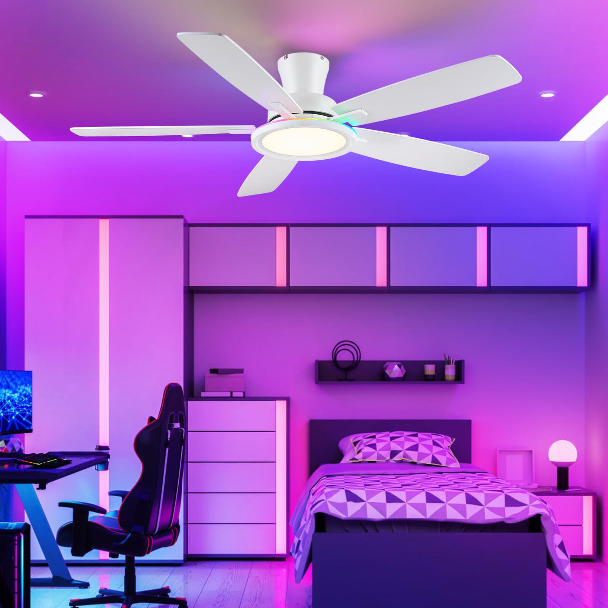 BYKISTOK Flush Mount RGB Ceiling Fan with RGB Light - 52In White Ceiling Fan Light with Reversible Mute Motor, 3CCT LED Dimmable, Low Profile Modern Ceiling Fans for Indoor, Party, Living Room BYKISTOK