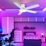 BYKISTOK Flush Mount RGB Ceiling Fan with RGB Light - 52In White Ceiling Fan Light with Reversible Mute Motor, 3CCT LED Dimmable, Low Profile Modern Ceiling Fans for Indoor, Party, Living Room BYKISTOK