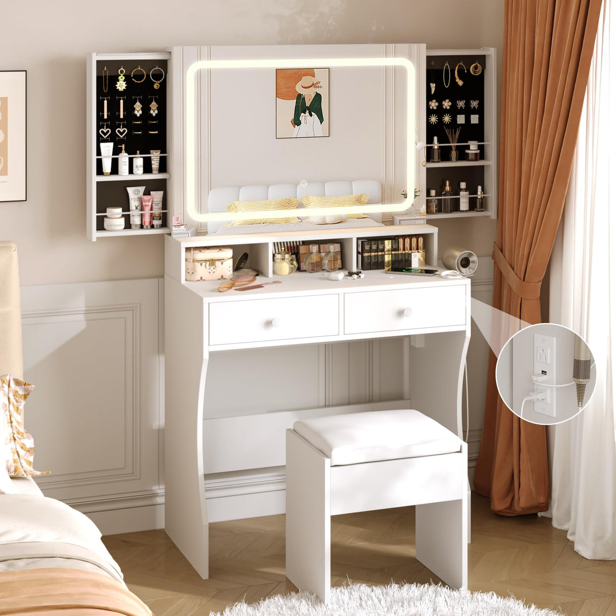 Fameill Vanity Desk with Mirror and Lights, White Makeup Vanity with 3 Color Lighting & 2 Large Drawers, Small Vanity with Charge Station and Stool, Vanity Set with Hidden Sliding Jewelry Cabinet Fameill