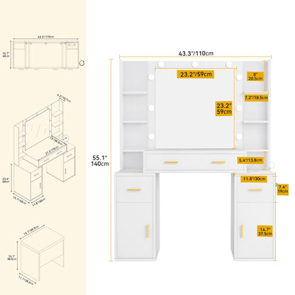 DWVO Vanity Desk with Mirror and Lights, Makeup Vanity Set with Drawers & Cabinet, 3 Colors Lighting Adjustable Brightness, Dressing Table for Bedroom, Storage Shelf and Stool, White