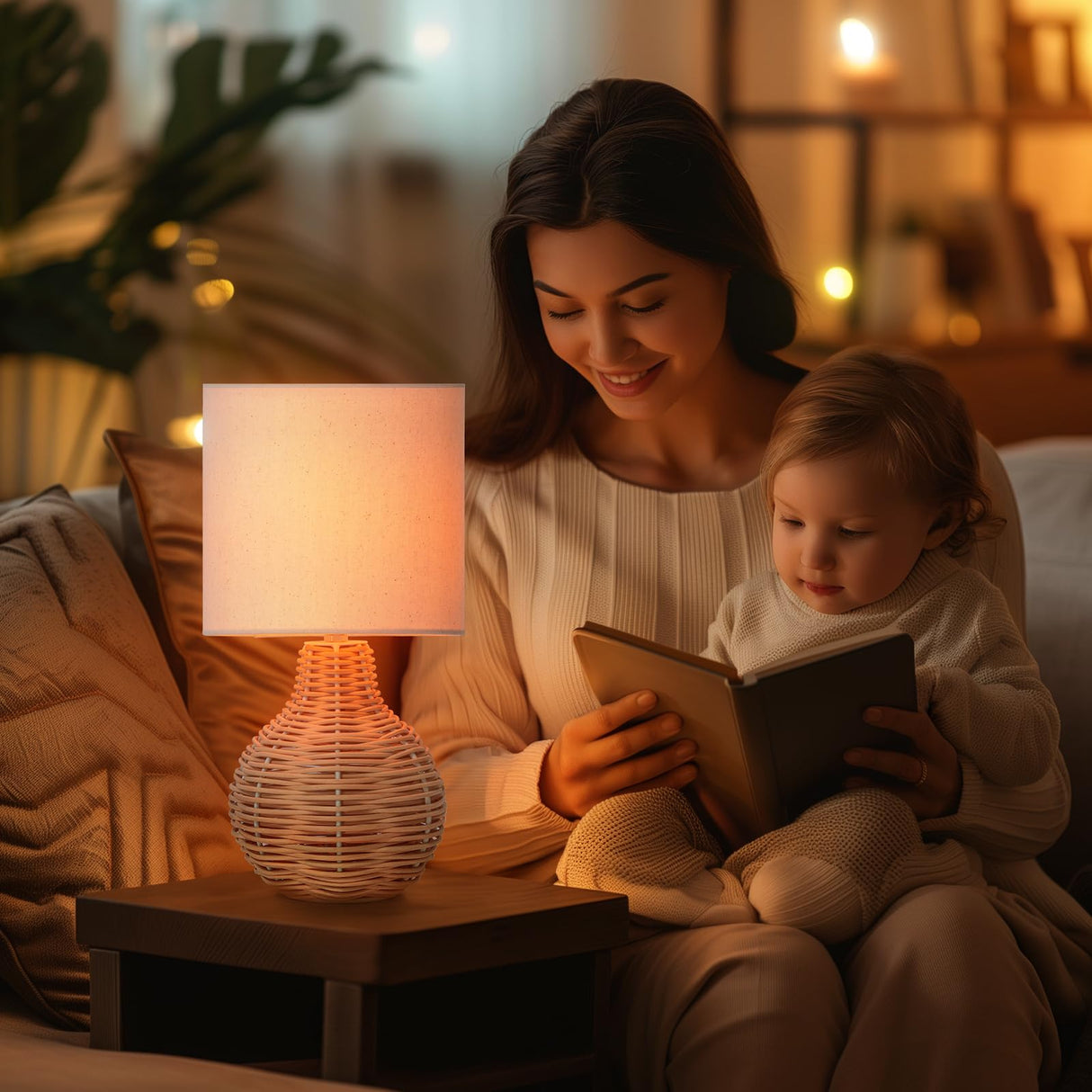 VELXEE Rattan Table Lamp, Vintage Wicker Wooden Nightstand Lamp Set of 2, Boho Bamboo Woven End Table Lamp for Bedroom Living Room Desk Room VELXEE