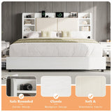 AMERLIFE King Size Storage Bed Frame with 4 Drawers, Padded Upholstered Bed with 47.2" Bookcase Headboard, Wooden Platform Bed with Charging Station/No Box Spring Needed/Rustic White AMERLIFE