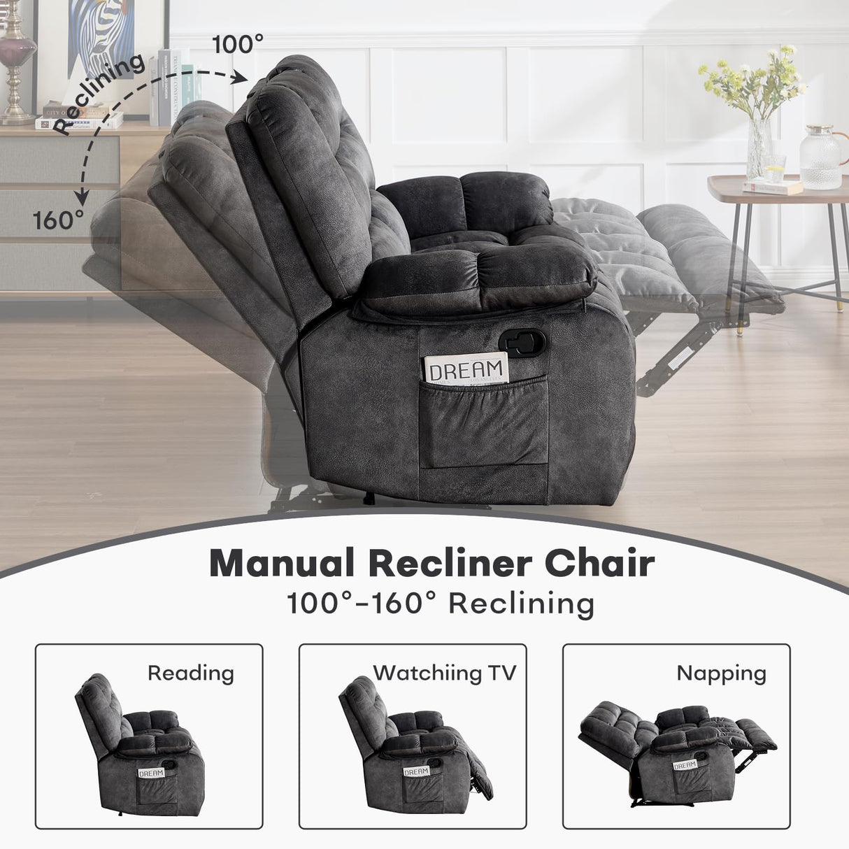 ANJ Manual Recliner Loveseat Sofa, Modern Reclining Sofa with Overstuffed Arms for Living Room, Bedroom,Grey ANJ