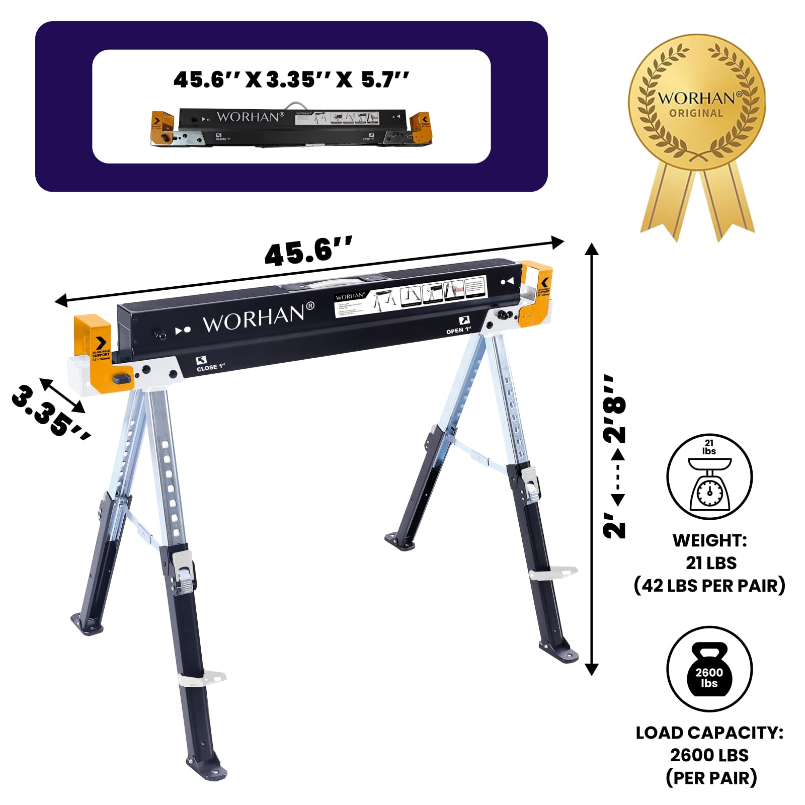 WORHAN Sawhorse Twinpack 2600 lbs Jobsite Table Folding Quickly Adjustable Legs Support Arms Sawing Non Slip Trestle Sawmule Steel Workbench S600A - WoodArtSupply