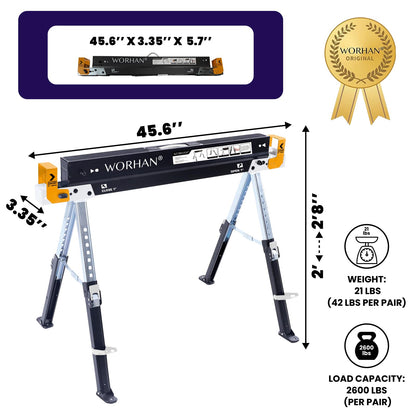 WORHAN Sawhorse Twinpack 2600 lbs Jobsite Table Folding Quickly Adjustable Legs Support Arms Sawing Non Slip Trestle Sawmule Steel Workbench S600A - WoodArtSupply