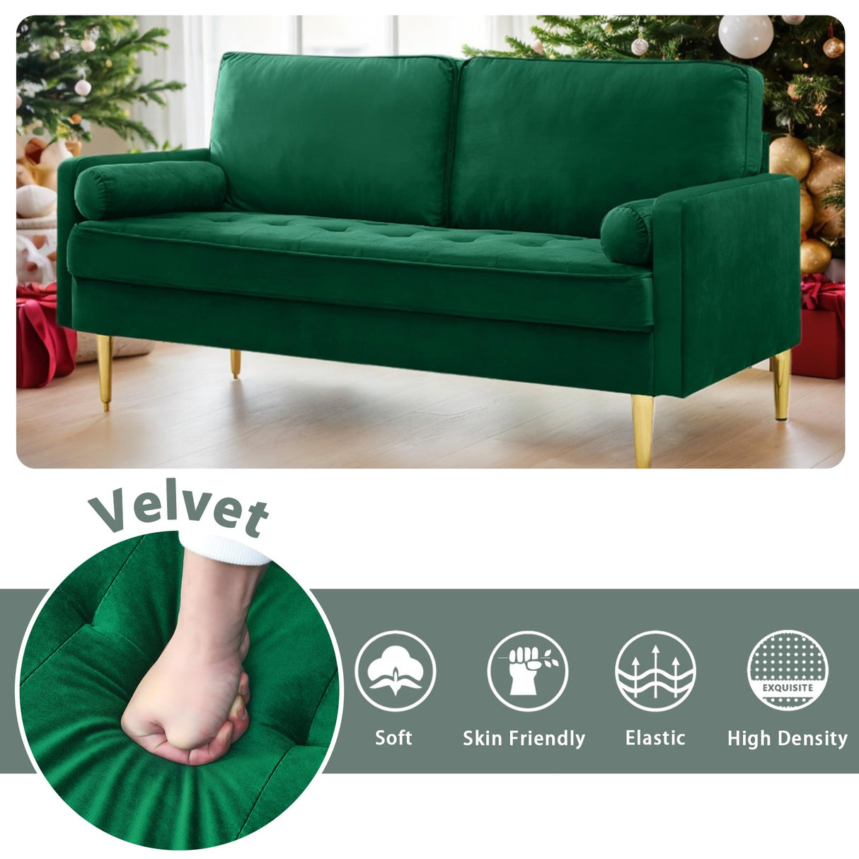 HRVEOCEI 65 Inch Green Velvet Couch, Small Loveseat Sofa & Office Sofa for Small Space, Couch for Bedroom Livingroom, 2 Pillows, Gold Legs, Tufted Seat (Green) HRVEOCEI