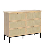 Modern 6 Drawer Dresser with Natural Rattan Drawers, Industrial Wood Double Dresser for Bedroom with Sturdy Steel Legs, Closet Storage Dressers Organizer TV Stand Dresser for Living Room Hallway Yechen