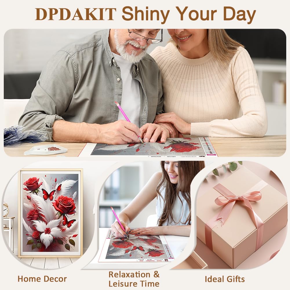 DPDAKIT Rose Diamond Art Kits for Adults, Diamond Painting Kits for Beginner, 5D DIY Round Full Gem Art Crafts for Home Wall Decor Gift, 12x16inch DPDAKIT