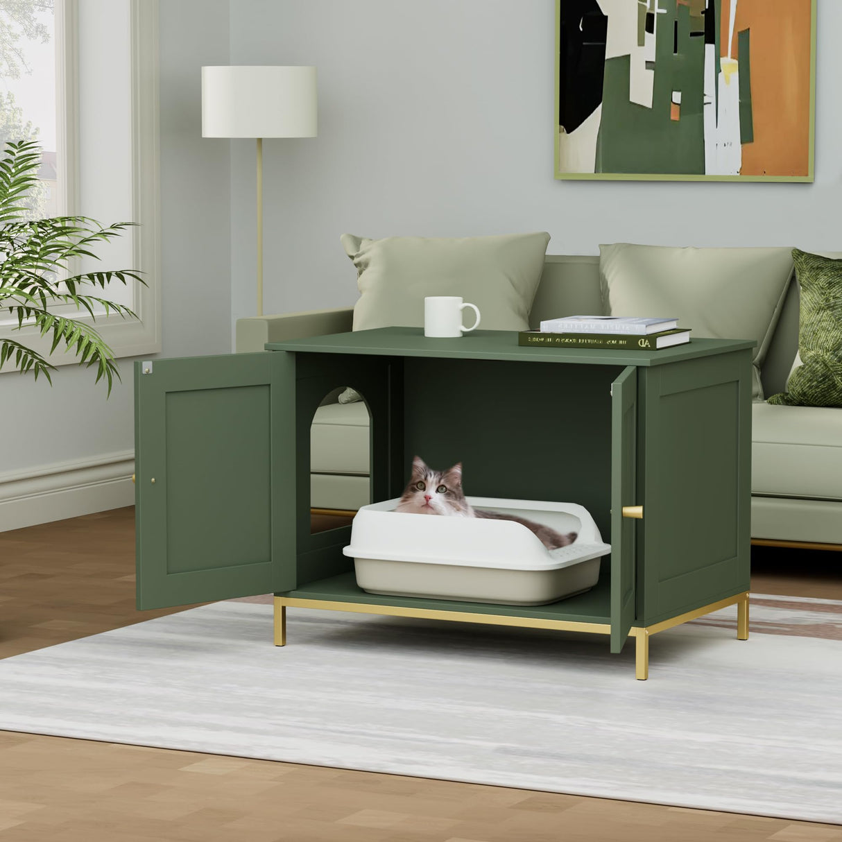 Homhedy Cat Litter Box Enclosure, Cat Washroom Furniture with Metal Frame, Pet House, Fit Most of Litter Box, Modern Style, Green and Gold Homhedy