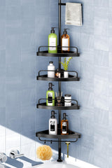 HAMITOR Corner Shower Caddy Tension Pole: Adjustable Stainless Steel Shower Organizer 4 Tier Shelf for Bathroom Bathtub Shampoo - Floor Standing Rack Bath Storage Holder with Rust Proof Rods - Black HAMITOR