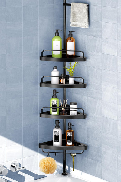 HAMITOR Corner Shower Caddy Tension Pole: Adjustable Stainless Steel Shower Organizer 4 Tier Shelf for Bathroom Bathtub Shampoo - Floor Standing Rack Bath Storage Holder with Rust Proof Rods - Black