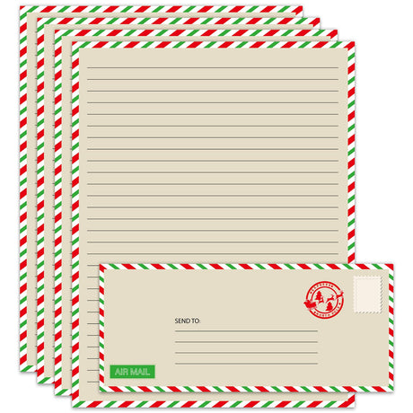 JarThenaAMCS 100Pcs Christmas Vintage Airmail Stationery Paper Set Red Green Border Lined Letter Writing Paper with Envelopes for Xmas Invitation Card Office Printing, 8.5" x 11" JarThenaAMCS