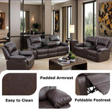 Toseslo Manual Reclining Couch Sofa Set with Drop-Down Table, 3 Pieces Brown Leather Recliner Couch Sets, Living Room Furniture Sets, Recliner Sofa with Storage Console/Cup Holder for Home/Apartment Toseslo