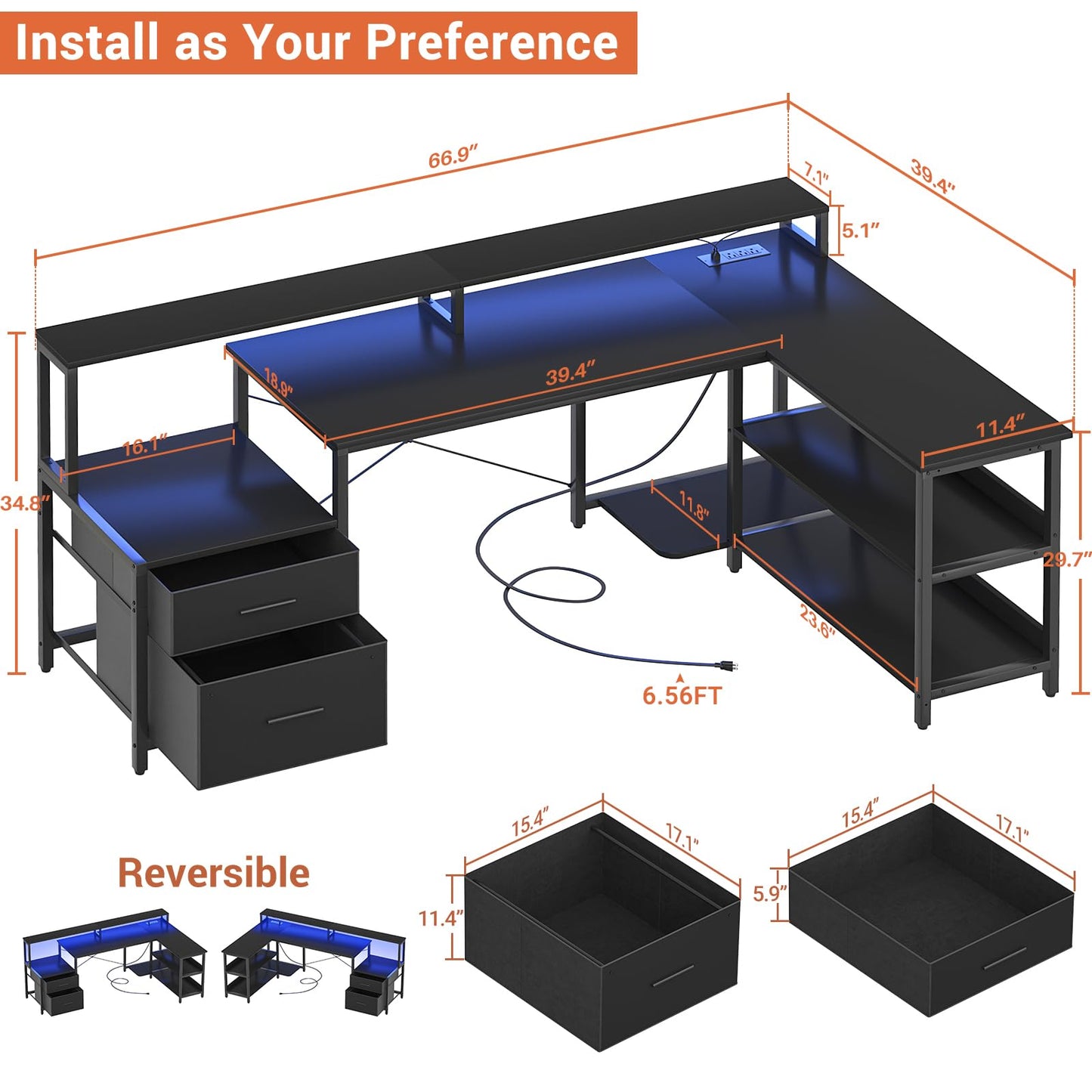 Aheaplus L Shaped Desk with File Drawer, 66" Reversible L Shaped Computer Desk with Power Outlet & LED Strip, Gaming Desk with Long Monitor Stand, Office Desk Corner Desk with Storage Shelf, Black