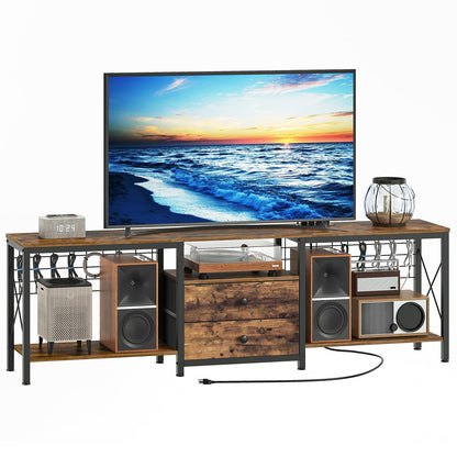 YATINEY TV Stand with Power Outlet for 80 Inch, Entertainment Center with 2 Fabric Drawers, TV Console Table with Open Storage Shelves for TVs, Cable Management, for Living Room, Bedroom, DS18UBR