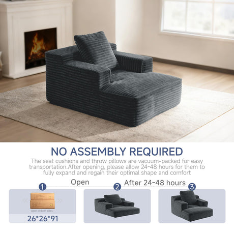 45'' Chaise Lounge Chair Indoor, Corduroy Upholstered Boneless Sofa Bed, Deep Seat Sleeper Couch Reading Chairs, Small Comfy Cloud Sofas Couches for Living Room, Bedroom, Movie Room (Dark Grey) Sonovafurn