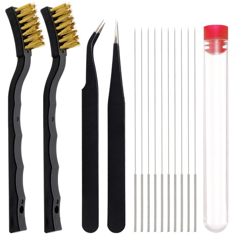 KITANIS 3D Printer Nozzle Cleaning Kit with Brush - 10 Pieces 0.4 mm Cleaning Needles, 2 Types Sophisticated Tweezers and 2 Pieces Cooper and Stainless Wire Cleaning Brushes KITANIS