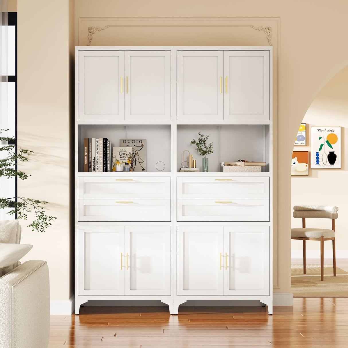 InaryLof 74.8"H Kitchen Storage Cabinet with 4 Doors and 2 Drawers, Open Countertop and Adjustable Tiers for Bathroom Storage，Tall Metal Cabinet For Kitchen, Dining Room, Living Room, Bathroom (White) InaryLof