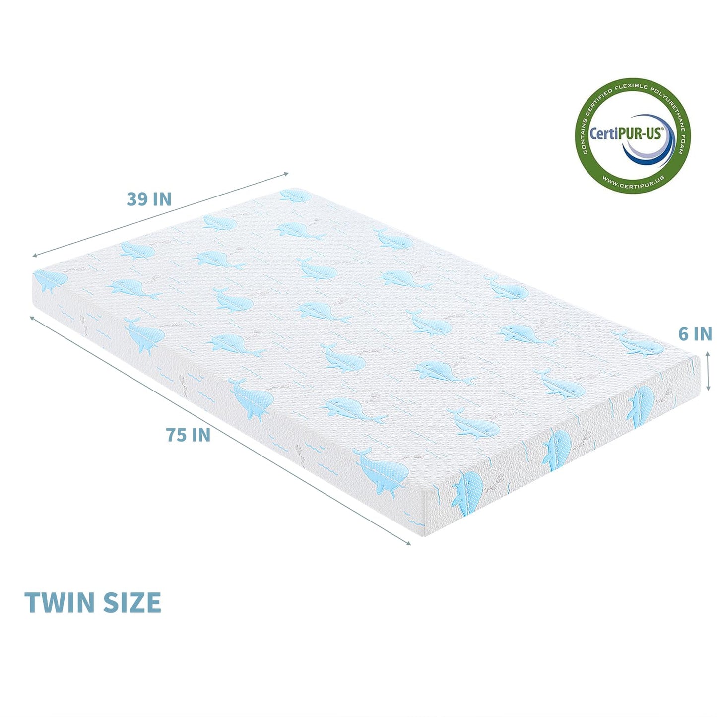 OUUI 6 Inch Twin Mattress for Kids, Removable Washable Cover with Whales Pattern Cooling Memory Foam Medium Feel, Bed-in-a-Box, CertiPUR-US Certified, Twin, White/Blue