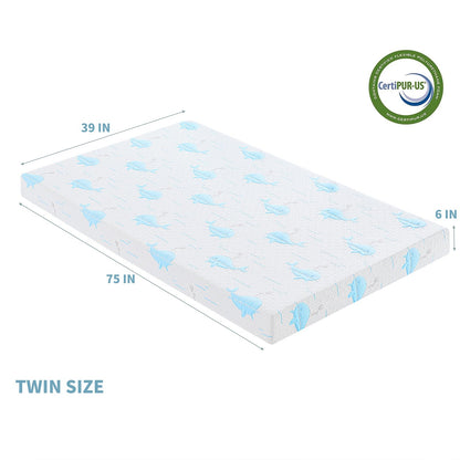 OUUI 6 Inch Twin Mattress for Kids, Removable Washable Cover with Whales Pattern Cooling Memory Foam Medium Feel, Bed-in-a-Box, CertiPUR-US Certified, Twin, White/Blue