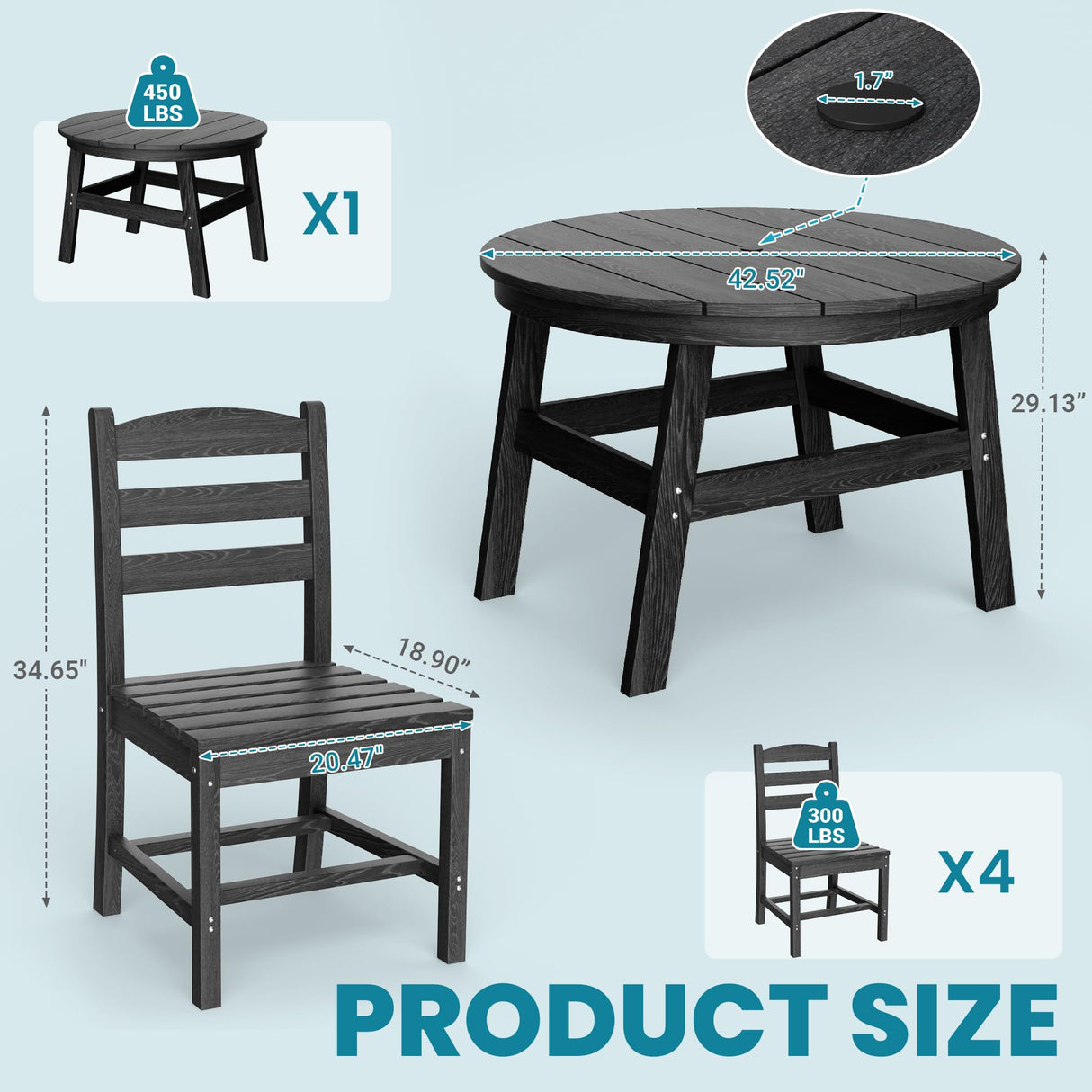 PamapicLife 5 Piece Round Outdoor Dining Set, Relaxing HDPE Outdoor Table and Chairs with 105° Ergonomic Backrest, All-Weather Patio Table and Chairs Set with Umbrella Hole for Porch, Poolside, Black PamapicLife