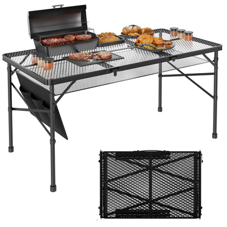 WildFinder Folding Gril Table, 4x2 FT Camping Table with Mesh Desktop,Height Adjustable Folding Grill Table with Mesh Bag,Portable Outdoor for Picnic,Camping,BBQ,Beach(Black) WildFinder