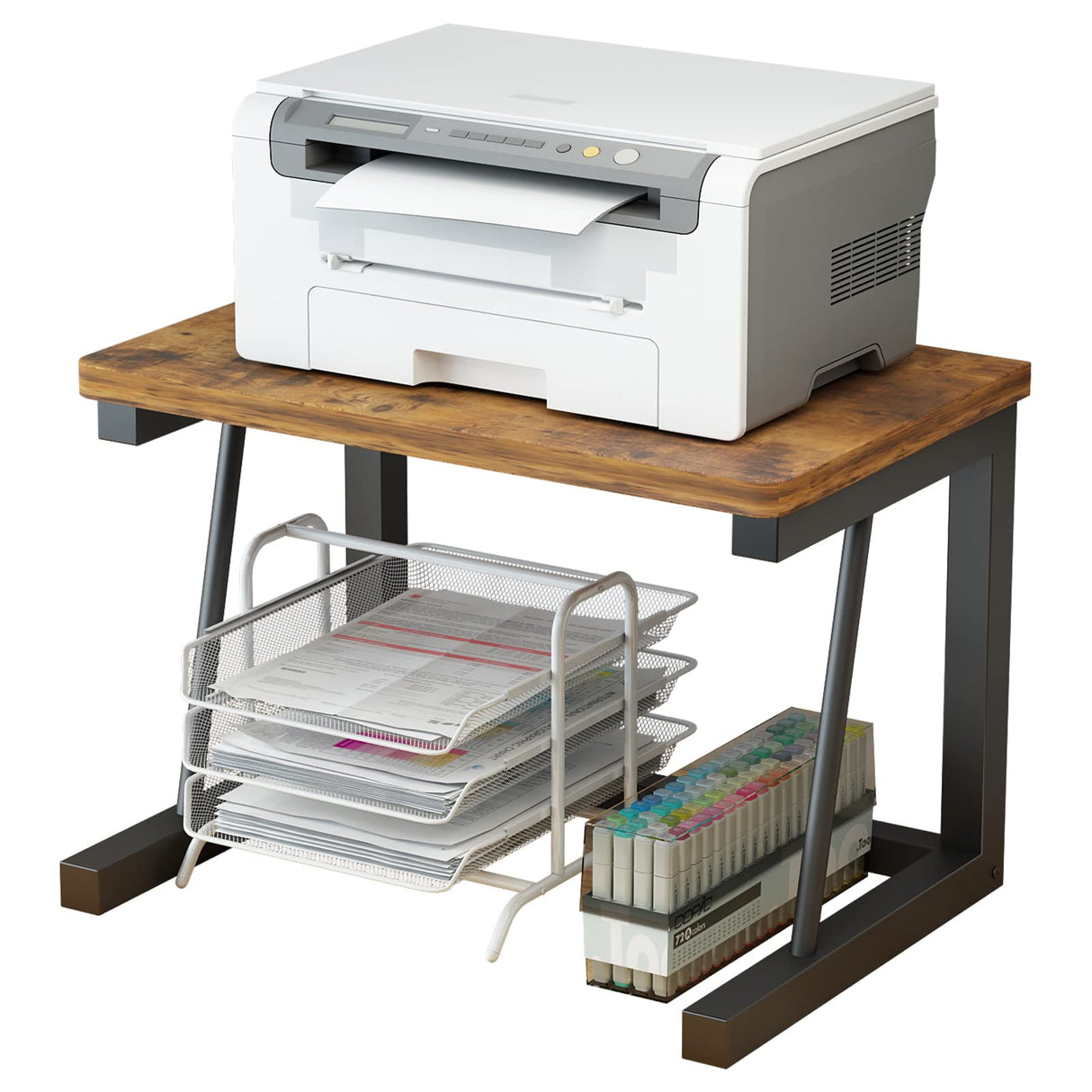 WRITECRY Desktop Printer Stand, 2-Tier Wood Rustic Printer Shelf for 3D & Laser Printer, Scanner, Copier, Durable Small Space Storage Organizer for Home Office Kitchen (2-Tier, Brown) WRITECRY