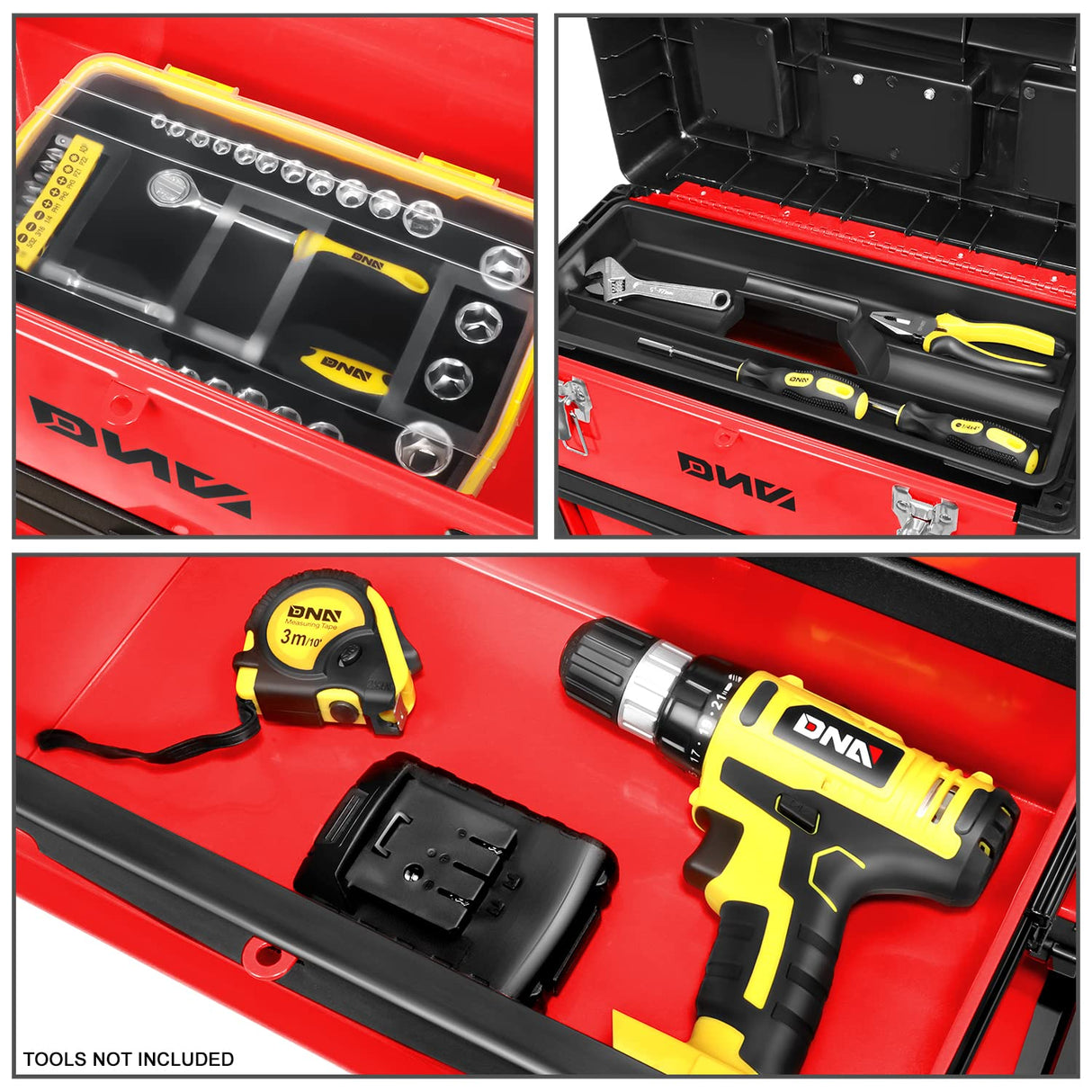 ‎DNA MOTORING TOOLS-00222 ‎19.5" x 28.5" x 12" ‎3-Tier Stackable Separate Hand Case Tool Boxes Trolley, 3-in-1 Storage Compartments, Red DNA MOTORING