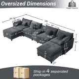 145" Oversized Modular Sectional Sofa U Shaped Cloud Couch 6 Seat Sofa Set for Living Room Comfy Fluffy Chenille Deep Seat with Movable Ottomans, Storage Console, Cup Holders, USB Ports, Dark Grey BEQAI