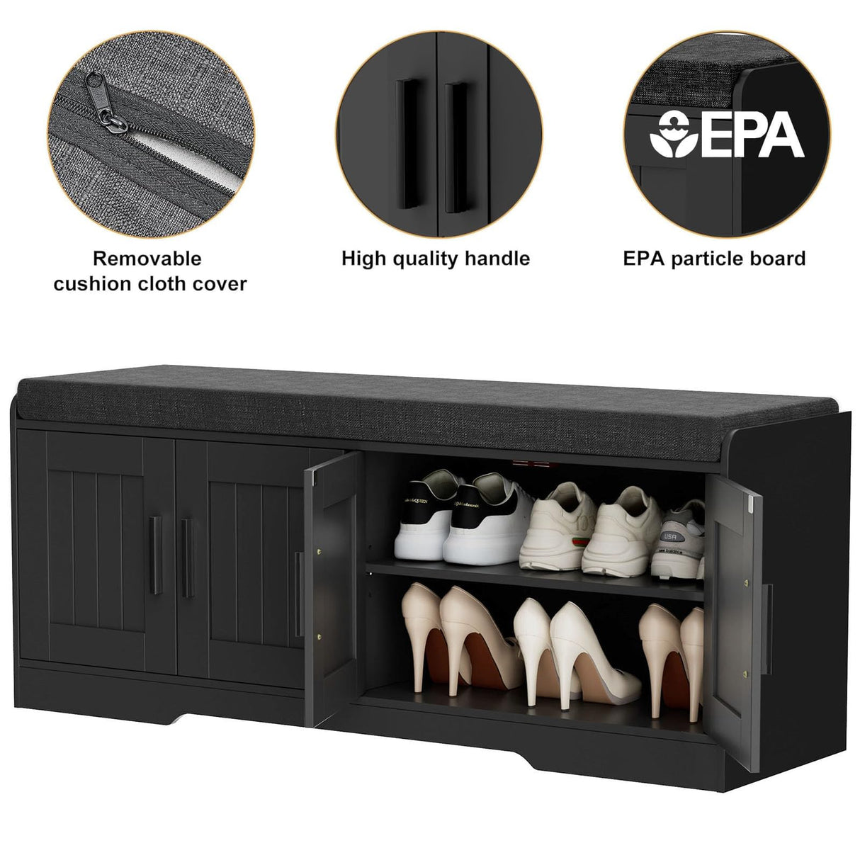 Homleke 2-Tier Storage Bench, Shoe Bench with Thickened Padded Seat Cushion, Entryway Bench with 4 Doors, Adjustable Shelf, 13.8" D x 45.3" W x 18.5" H, for Entryway, Living Room, Bedroom, Black Homleke