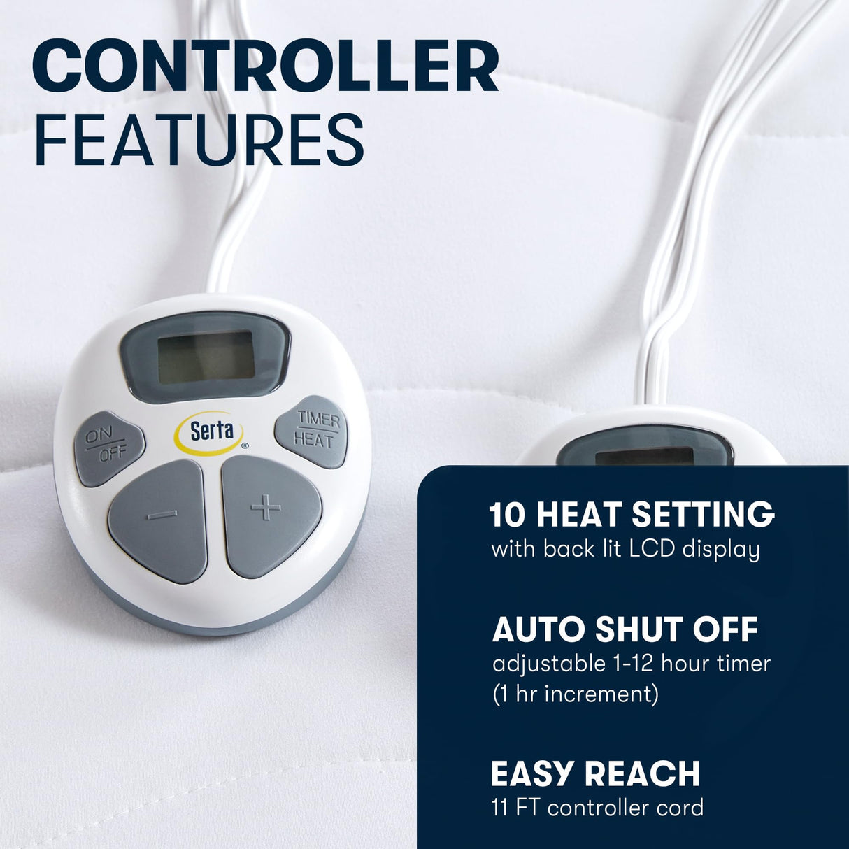 Serta Heated Mattress Pad King Size - Electric Mattress Pad, 10 Heat Setting Controller, Auto Shut Off Timer, Deep Elastic Pocket, Up to 17" Mattress, ETL Certified, Machine Wash, King, White Serta