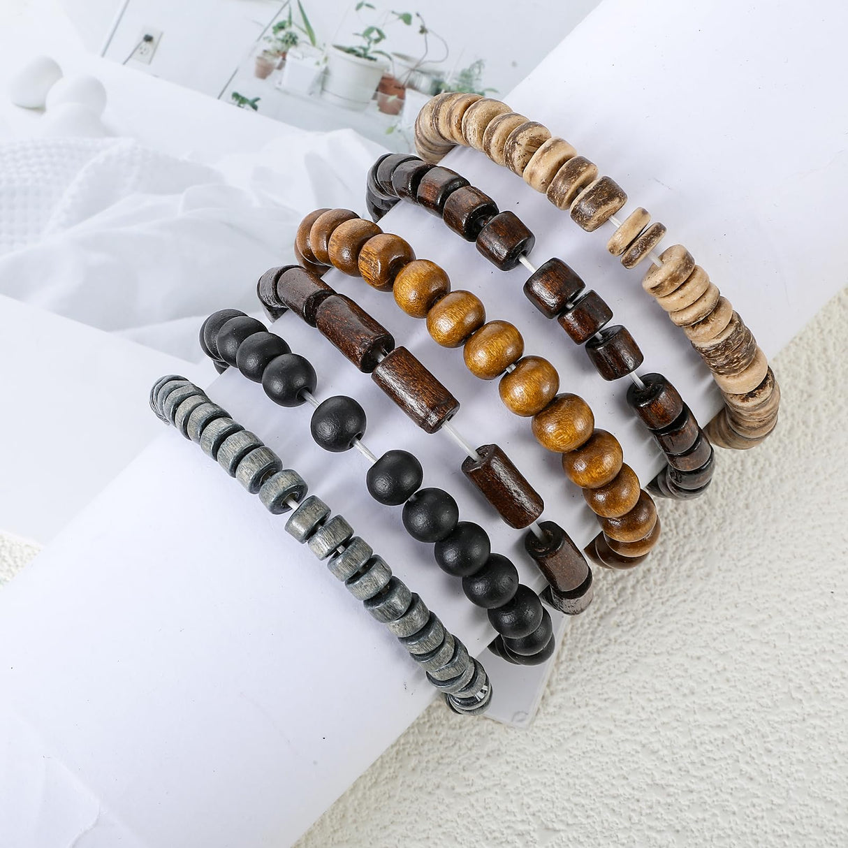 Telooco Wooden Mens Beaded Bracelets Adjustable Gothic Bracelet Elasticity Mens Bracelet Multi-Layer Detachable Beaded Bracelets for Men Telooco