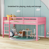 JOYMOR Low Loft Bed Twin Size with Stairs, Wooden Toddler Loft Bed for Kids, Junior，Young Teens，Pine Wood Twin Bed Frame, Space-Saving Design, No Box Spring Needed, Pink JOYMOR