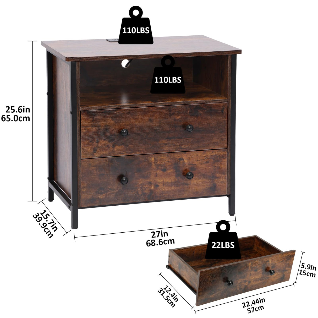 Tykacna 27 Inch Wide Night Stand, Wooden Night Stand with 2 Drawers, LED Nightstands with Charging Station and Adjustable Drawer for Living Room/Bedroom/Study/Office Nightstand, Retro Brown. Tykacna