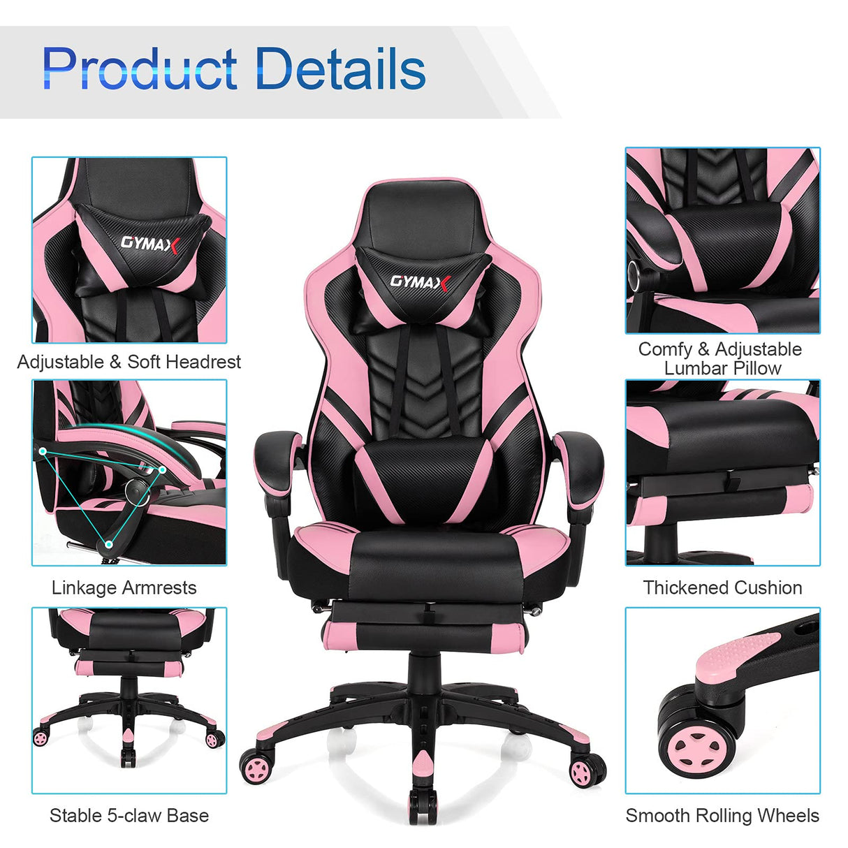 GYMAX Gaming Chair, Ergonomic Computer Chair with Footrest, Linkage Armrests & Lumbar Cushion, Big Wide High Back Video Gaming Chair, Reclining Office Rolling Chair for Adult/Teens (Pink) GYMAX