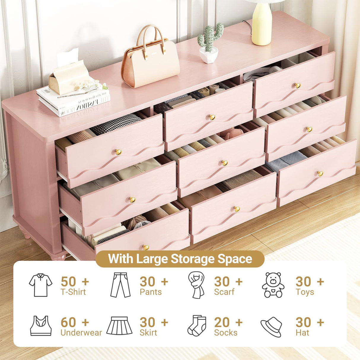 Cyclysio 9 Drawer Dresser, 63" Wide Modern Chest of Drawers TV Stand with Smooth Slides and Rustic Handles, Wood Drawer Organizer for Bedroom Living Room Hallway (Pink) Cyclysio