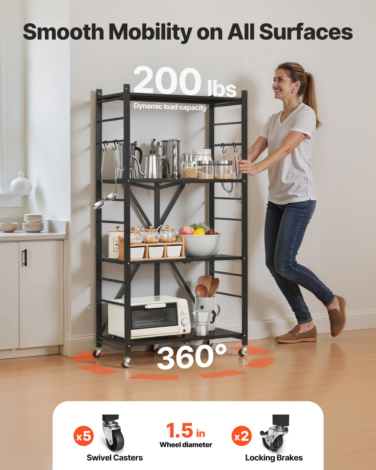 VEVOR 4-Tier Foldable Storage Shelf, 28W x 13D x 54H Inch Folding Metal Rack Shelving Unit, No Assembly Organizer Shelf with 5 Wheels & 4 Hooks for Pantry, Kitchen, Garage, Basement, Black VEVOR
