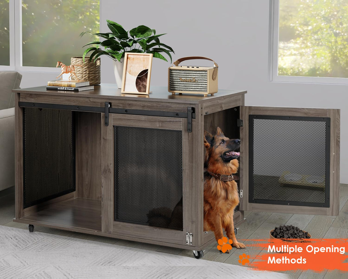 LINLUX 47 Inch XL Dog Crate Furniture, Wooden Heavy Duty Dog Kennel Indoor, Decorative Dog Cage Table for Extra Large Dogs, with Sliding Doors, Wheels and Flip-top Plate LINLUX