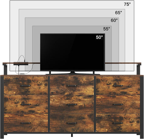 Frmobepts 63'' Rustic Brown Dresser for Bedroom, 9 Drawer Dresser with Power Outlet and Led Lights, Bedroom Furniture with Wooden Drawer and Metal Frame, TV Stand with Deep Drawer Storage Frmobepts