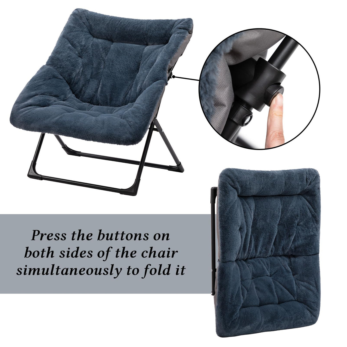 HollyHOME X-Large Saucer Chair, Comfy Oversized Folding Chair, Faux-Fur Reading Chair for Teens, Adults, Foldable Accent Lazy Chair, Metal Frame Lounge Chair for Living Room, Bedroom, Dorm, Navy Blue HollyHOME