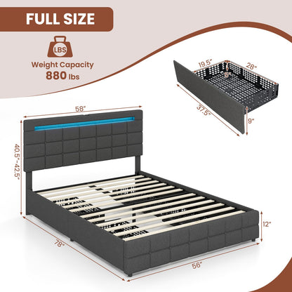 Giantex Grey Upholstered Full Bed Frame with LED Lights, USB Ports and 4 Storage Drawers - WoodArtSupply