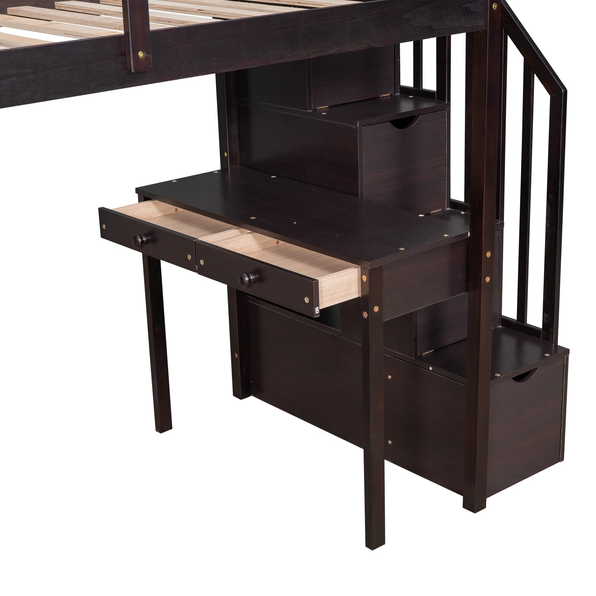 CITYLIGHT Espresso Twin Size Loft Bed with Desk, Storage Staircase, and Drawers - WoodArtSupply