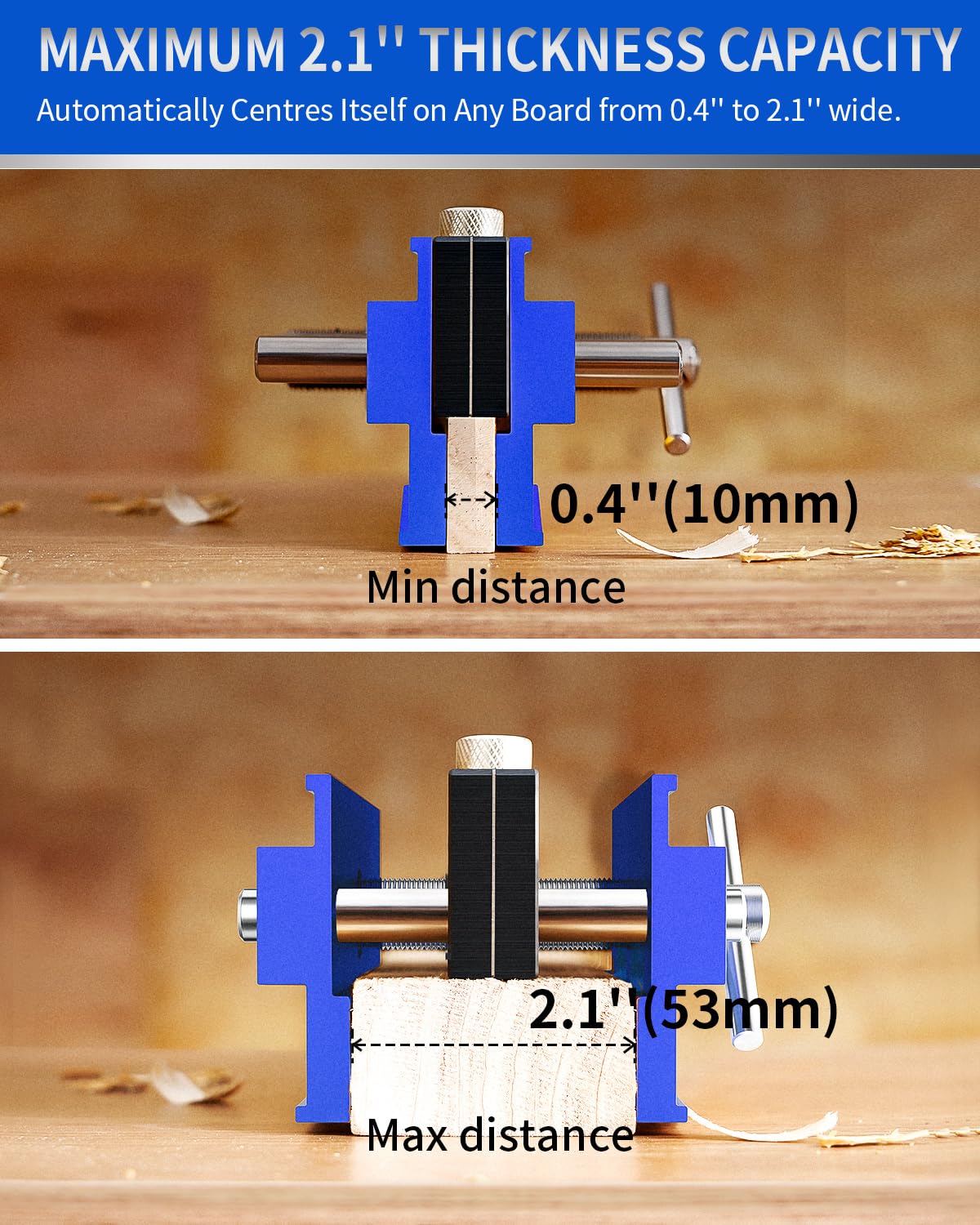 DAYDOOR Self Centering Doweling Jig, Adjustable Width Dowel Jig for Straight Holes, Biscuit Joiner Set with 6 Bushings and 3 Drill Bits(Blue) DAYDOOR