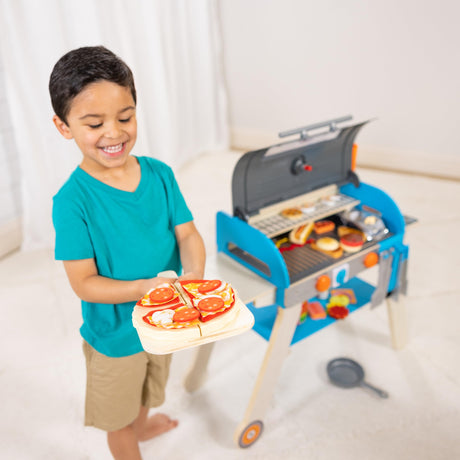 Melissa & Doug Wooden Deluxe Barbecue Grill, Smoker and Pizza Oven Play Food Toy for Pretend Play Cooking for Kids - FSC Certified Melissa & Doug