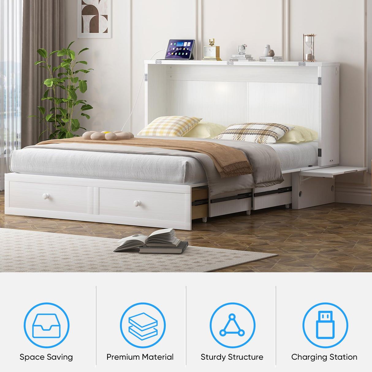 PUREMIND Murphy Bed Queen with Mattress Included - Solid Wood Hideaway Cabinet Bed with 2 Storage Drawers, USB Charging Ports & Headboard - Space-Saving Chest Beds for Home, Guest Room, White PUREMIND