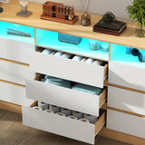 Loomie 9 Drawers Dresser, 63'' White Chests of Drawers with Power Outlet, Accent Large Double Dresser with LED Light, Modern Storage Dresser for Bedroom, Living Room (White&Light Walnut) Loomie