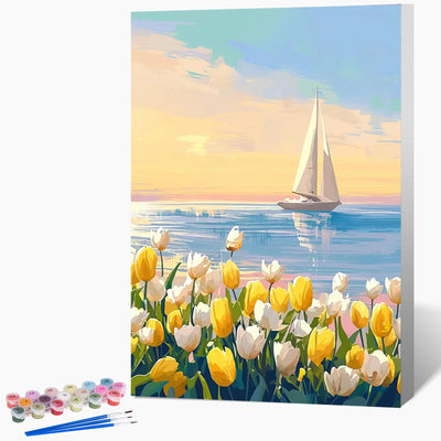 Framed Paint by Numbers Kit for Adults Beginner & Kids Age 8-12, Easy Flowers Adult Paint by Number Kits on Canvas, DIY Acrylic Watercolor Oil Paint by Number for Adults Landscape for Gift 8x12 Inch