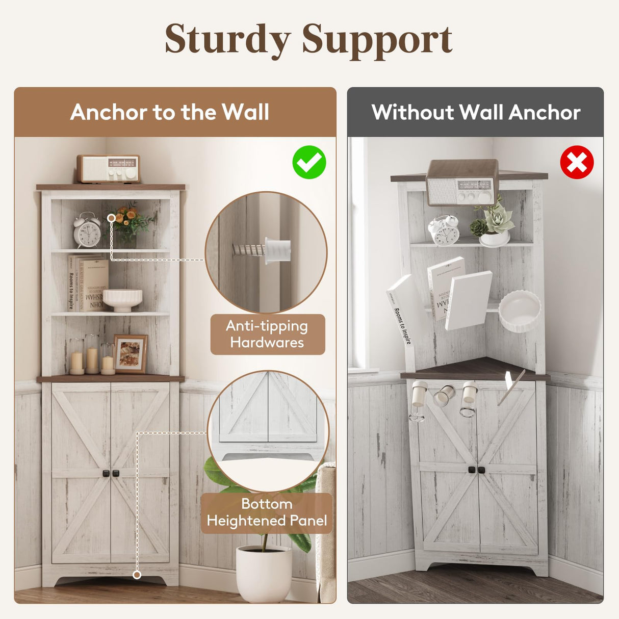 Lifewit Tall Corner Cabinet, Farmhouse Storage Cabinet with Barn Door Design & Adjustable Shelves, Home Space Saver for Bathroom, Living Room, Rustic White Lifewit